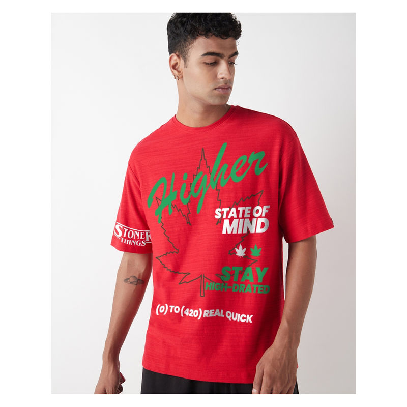 Bewakoof Air 1.0 Men's Salsa Red Higher Graphic Printed Oversized T-shirt (XL)