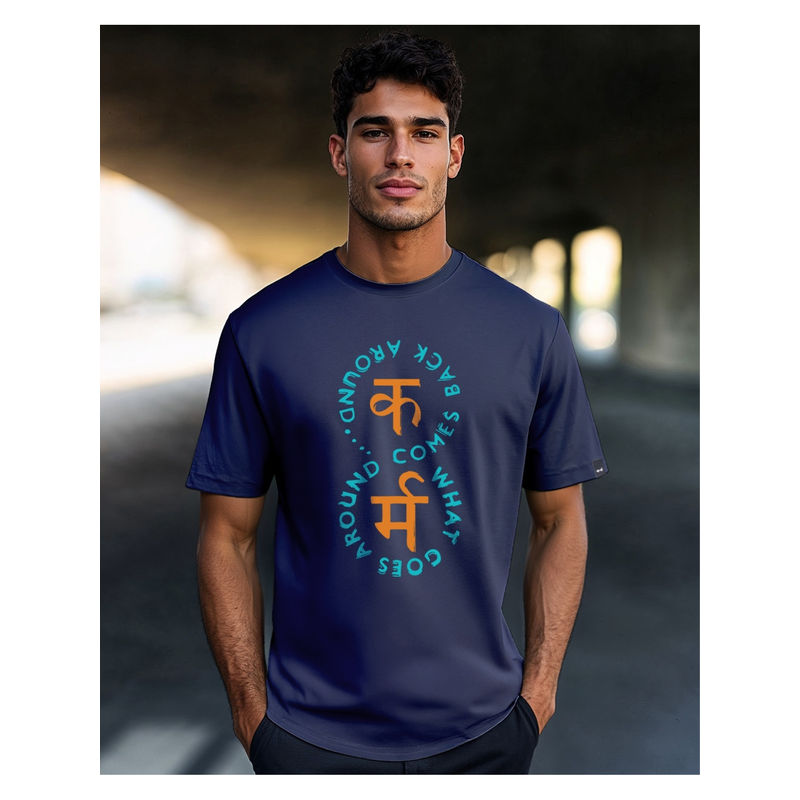 Bewakoof Men's Navy Blue Karma Graphic Printed T-shirt (L)
