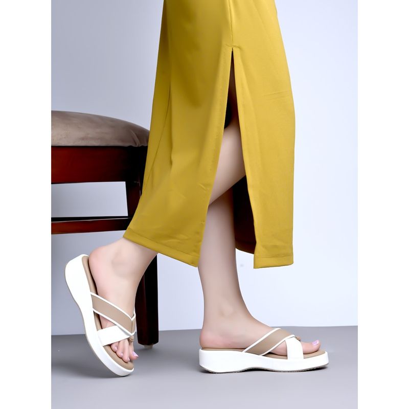 Shoetopia Cross Strap Beige & White Sandals for Women (EURO 38)