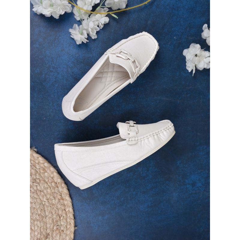 Jove Women White Textured Wedge Heel Loafers (EURO 36)