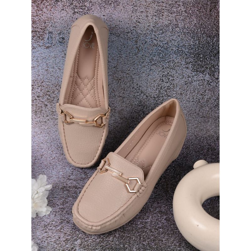 Jove Women Beige Textured Wedge Heel Loafers (EURO 37)