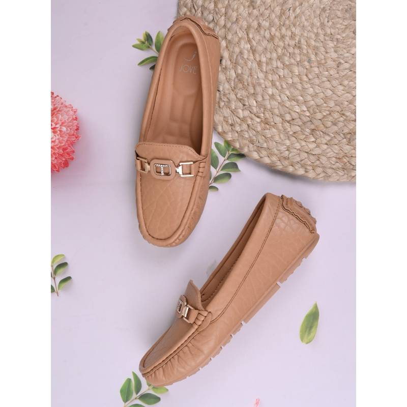 Jove Women Beige Textured Loafers (EURO 36)