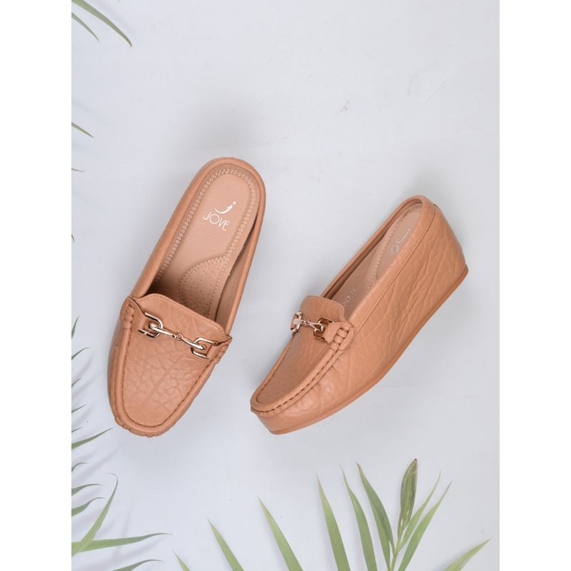 Jove Women Beige Textured Wedge Heel Loafers (EURO 37)