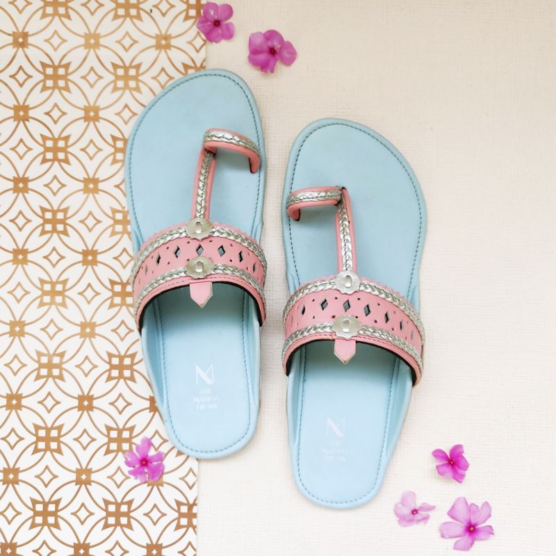 The Madras Trunk Light Blue And Pink Kolhapuris - EURO 36