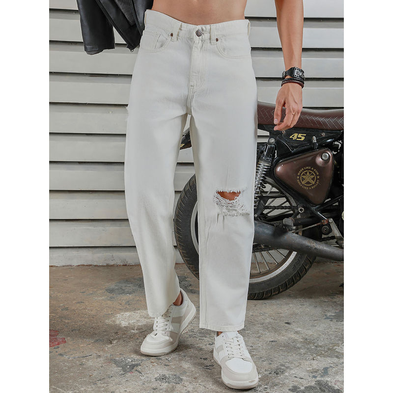 High Star Men's White Summer Cotton Relaxed Fit Mid-Rise Jeans (28)