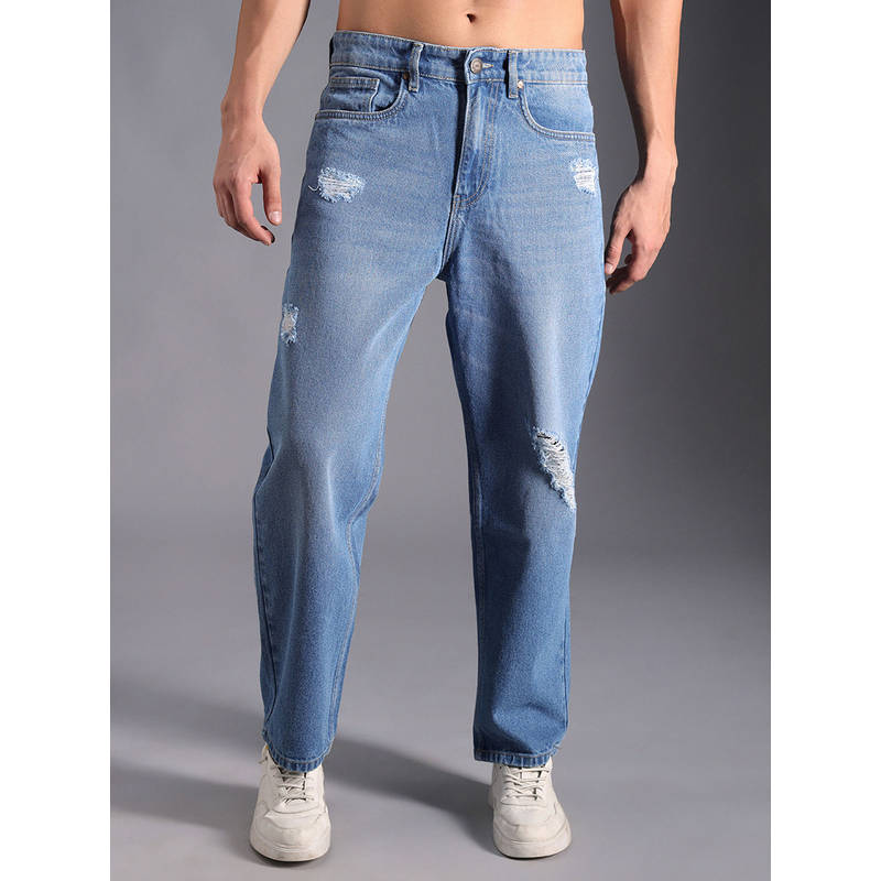 High Star Men's Blue Summer Cotton Straight Fit Mid-Rise Jeans (30)