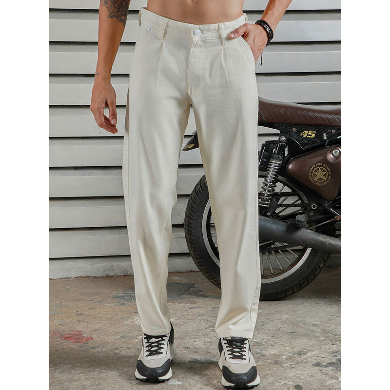 High Star Men's Cream Summer Cotton Tapered Fit Mid-Rise Jeans (30)