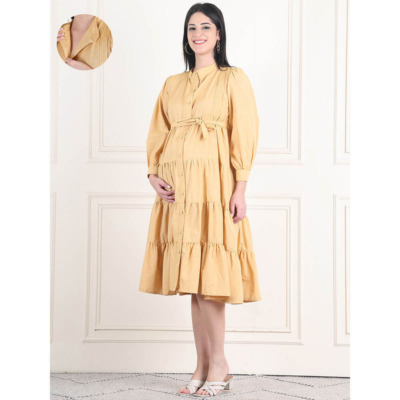 Moms Maternity Womens Solid Khadi Yellow Pintucks Maternity Midi Dress with Belt (M)