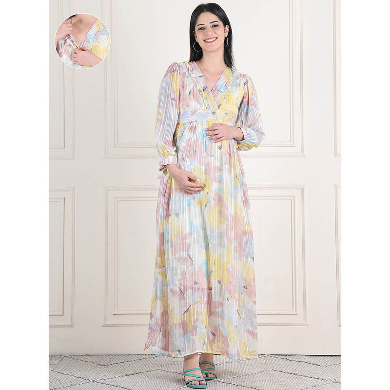 Moms Maternity Womens Printed Chiffon Lurax Yellow Maternity Maxi Dress (XL)