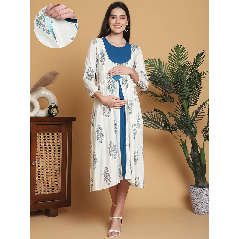 Moms Maternity Womens Floral Slub Off Whitematernity Midi Dress (L)