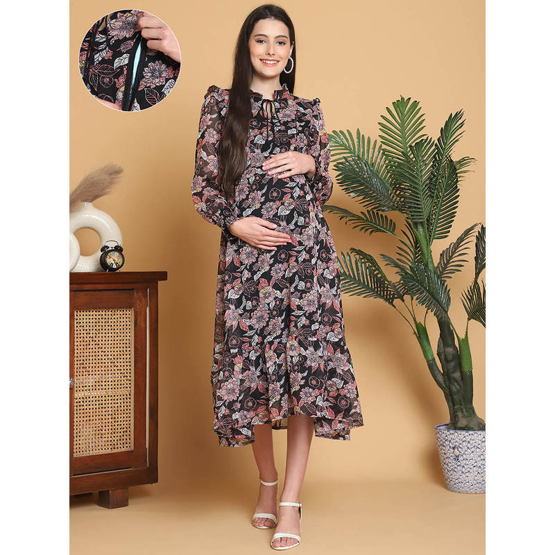 Moms Maternity Womens Floral Printed Georgette Black Maternity Midi Dress (M)
