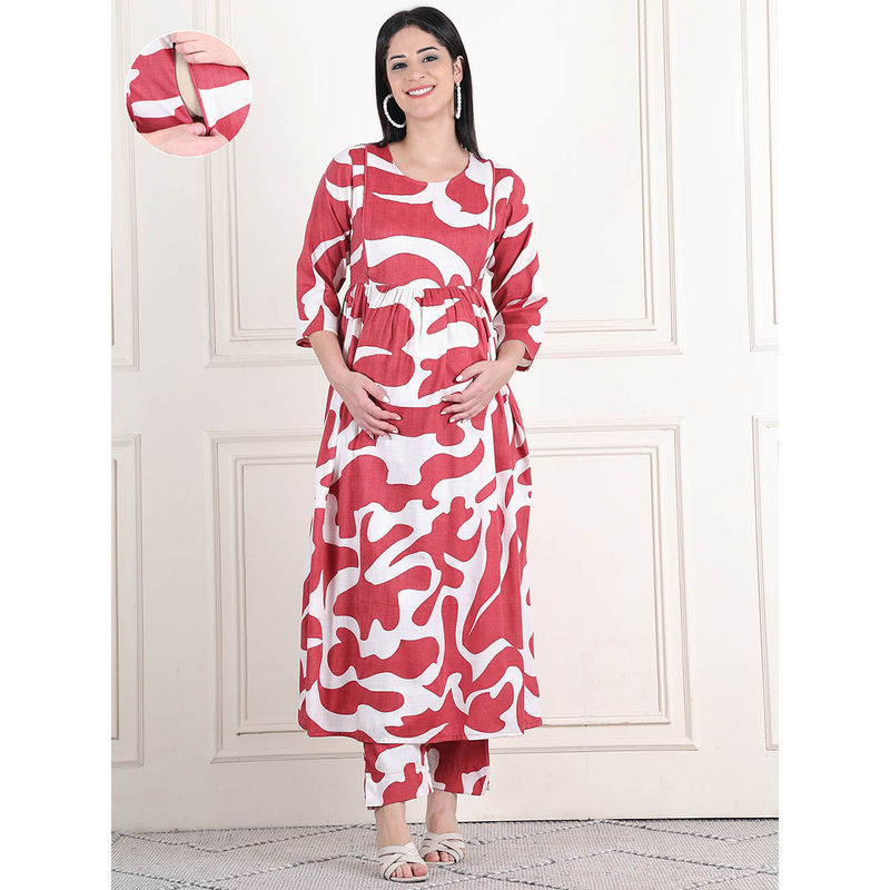 Moms Maternity Womens Graphic Print Slub Maroon Maternity Anarkali Midi Kurta Dress (2XL)
