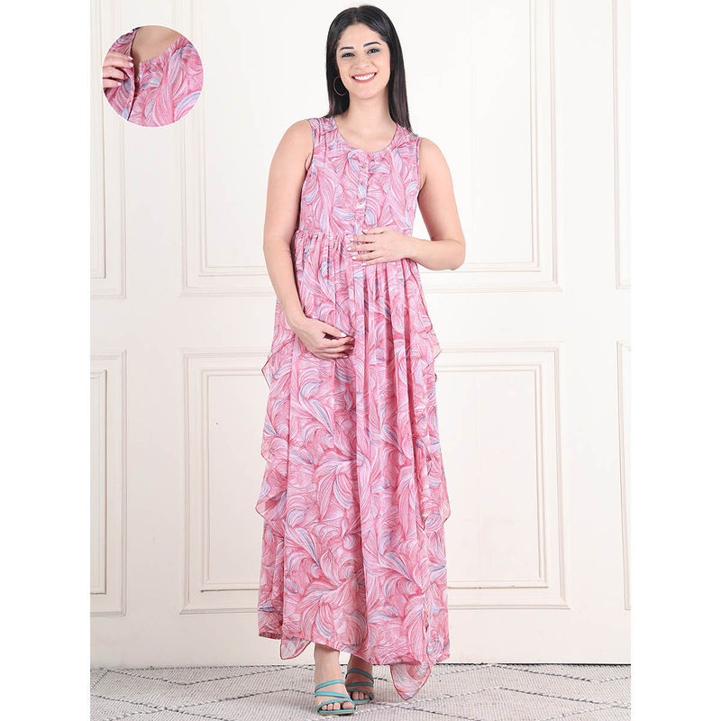 Moms Maternity Womens Printed Georgette Pink Maternity Maxi Dress (L)