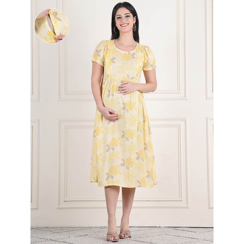 Moms Maternity Womens Floral Print Slub Yellow Maternity Midi Dress (XL)