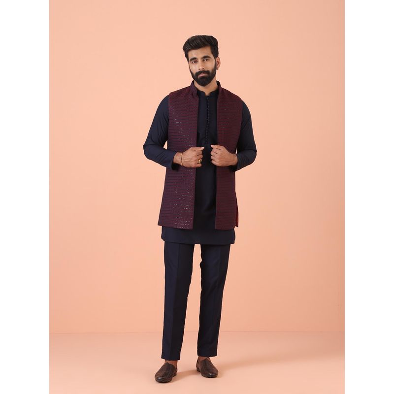 KISAH Men Navy Blue Embellished Mid Kurta Nehru Jacket and Pyjama (38)