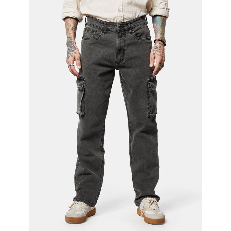 The Souled Store Solids : Ash Grey Straight Fit Men Cargo Jeans (32)
