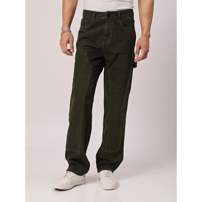 Style Quotient Men Olive Relaxed Fit Mid Rise Carpenter Jeans (32)
