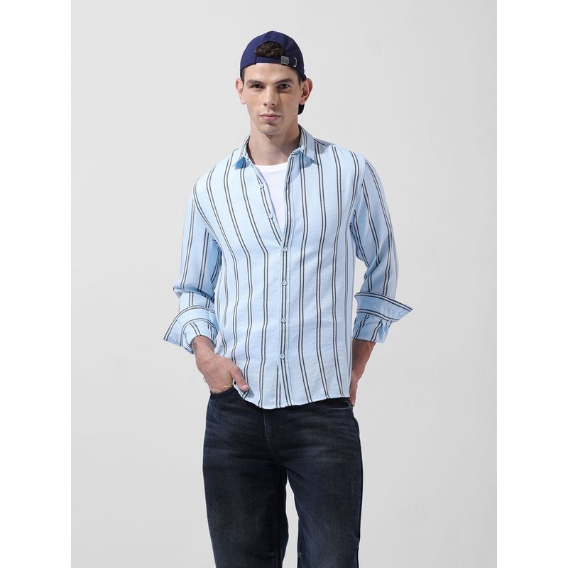 The Indian Garage Co Men Blue Regular Fit Vertical Striped Cutaway Collar Neck Casual Shirt (S)