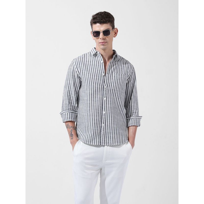 The Indian Garage Co Men Blue Slim Fit Striped Cutaway Collar Neck Casual Shirt (M)