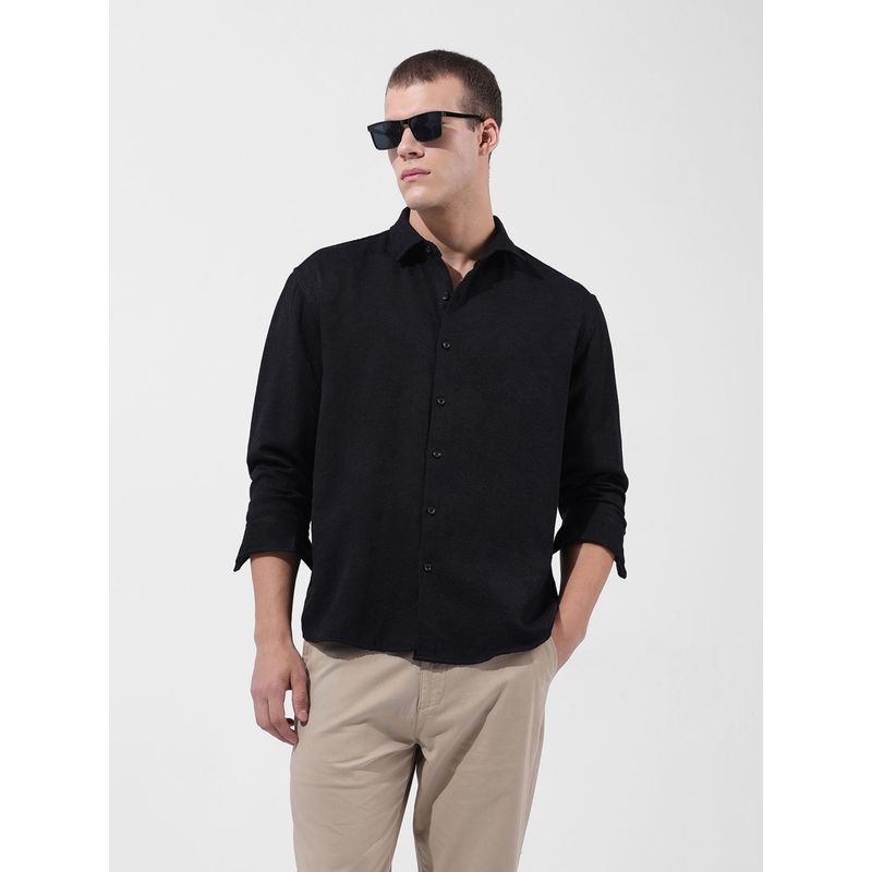 The Indian Garage Co Men Black Relaxed Fit Solid Cutaway Collar Neck Resort Wear Shirt (S)