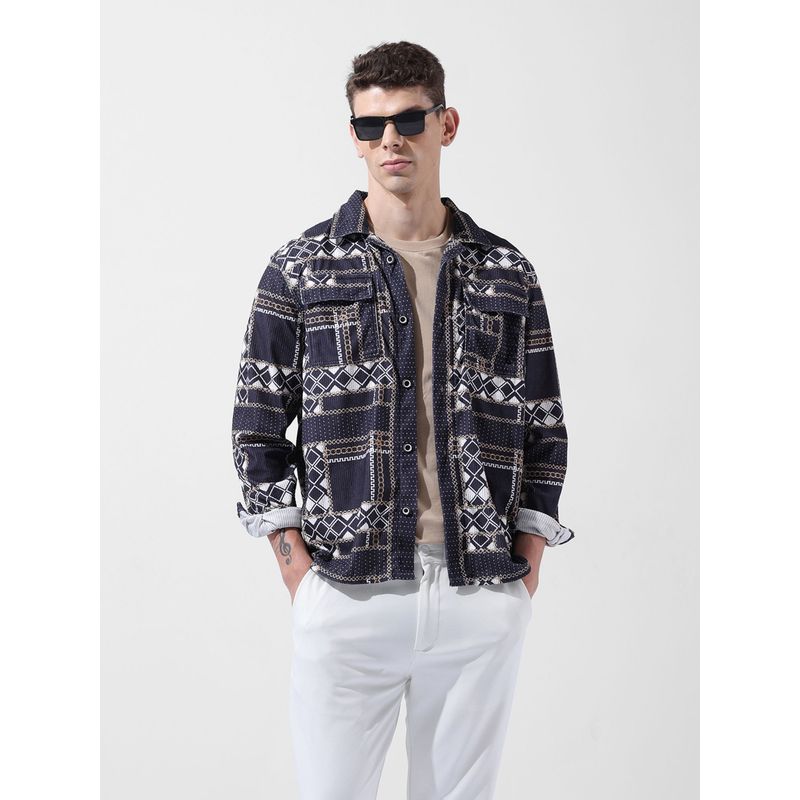 The Indian Garage Co Men Navy Blue Regular Fit Aztec Printed Collar Neck Street Wear Overshirt (S)