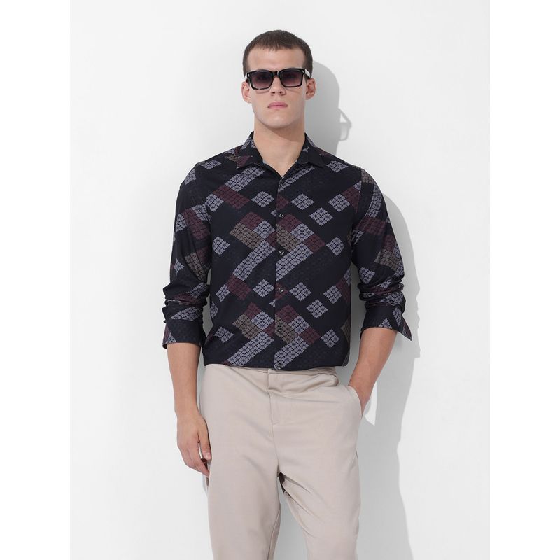 The Indian Garage Co Men Black Slim Fit Printed Cutaway Collar Neck Party Wear Shirt (S)