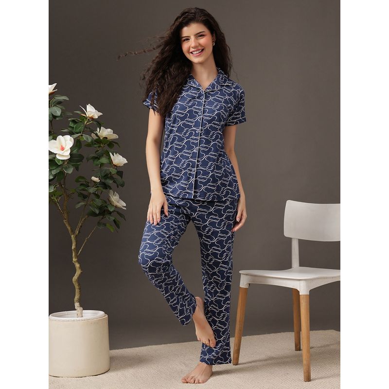 Clovia Cotton Printed Button Down Shirt and Pyjama (3XL)