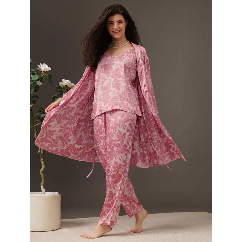 Clovia Satin 3-Piece Cami Top, Pyjamas and Robe with Belt (L)