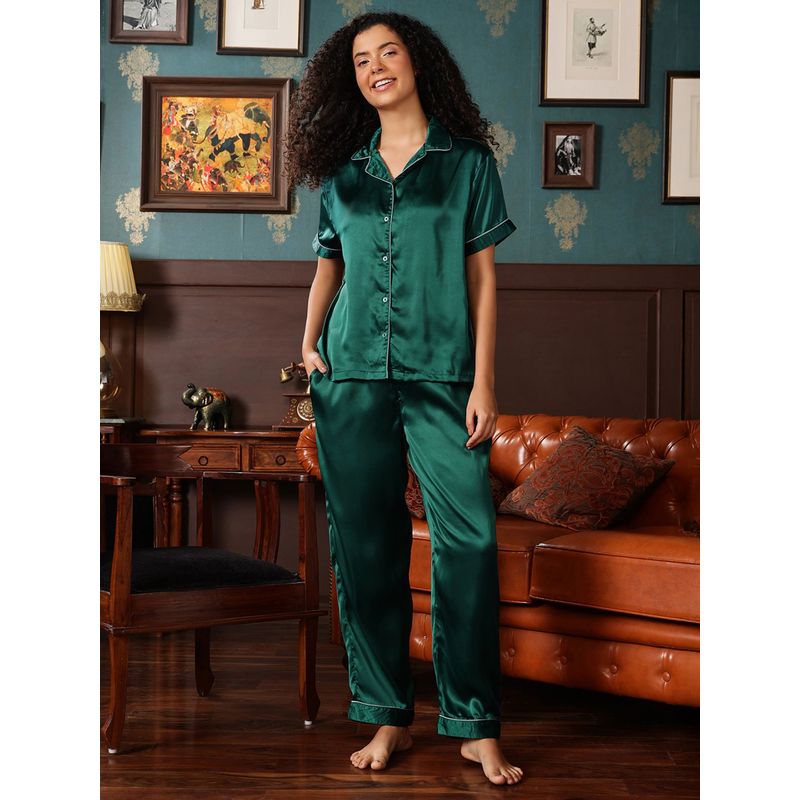 Clovia Satin Button-Down Shirt and Pyjama (L)