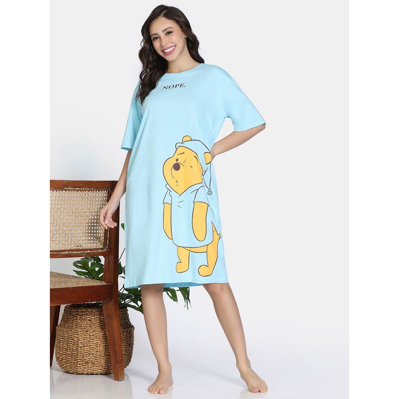 Zivame Winnie the Pooh Knit Cotton Crystal Blue Loungewear Dress (M)
