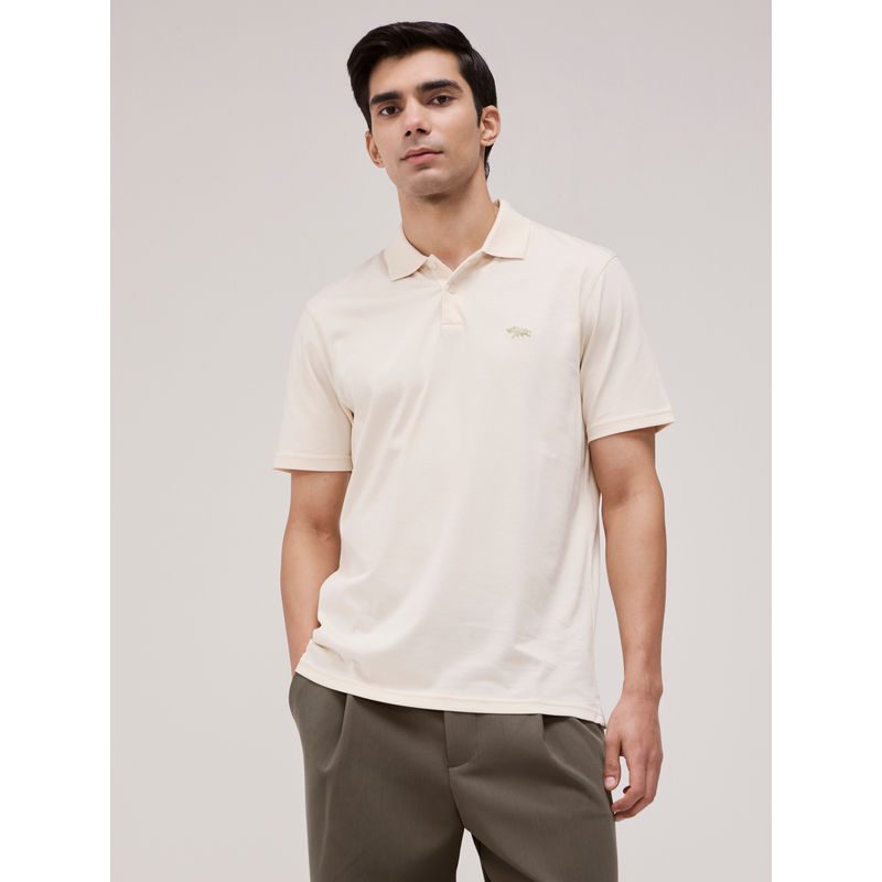 Andamen Cream Men Pure Cotton Logo Embroidered Regular Fit Polo T-Shirt (S)