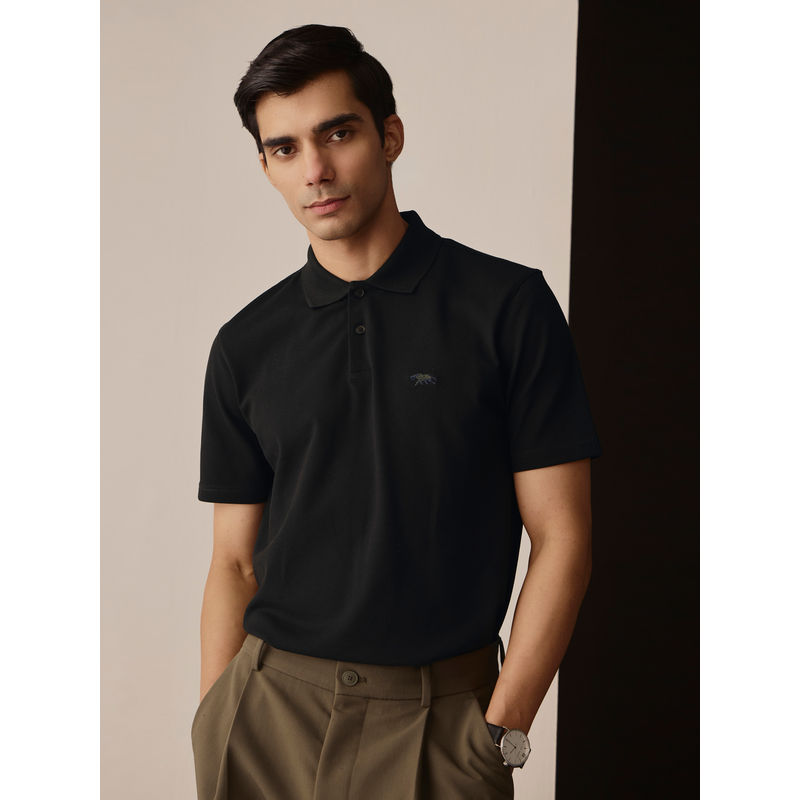 Andamen Black Men Cotton Lycra Logo Embroidered Regular Fit Polo T-Shirt (M)