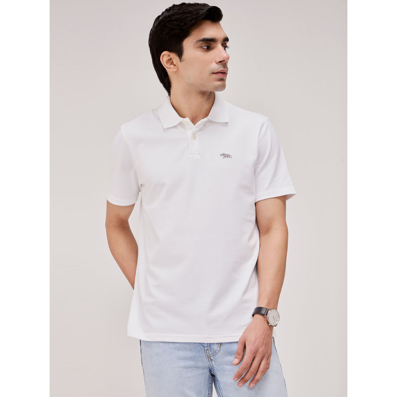 Andamen White Men Cotton Lycra Logo Embroidered Regular Fit Polo T-Shirt (M)