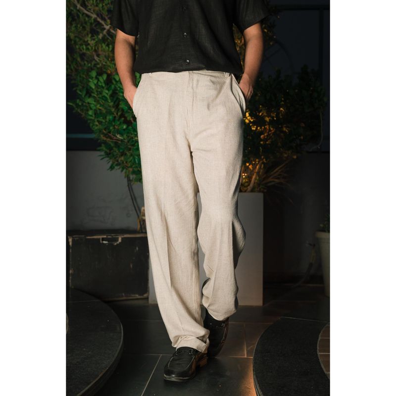 JAVINISHKA Beige High Waist Korean Fit Linen Trouser (34)