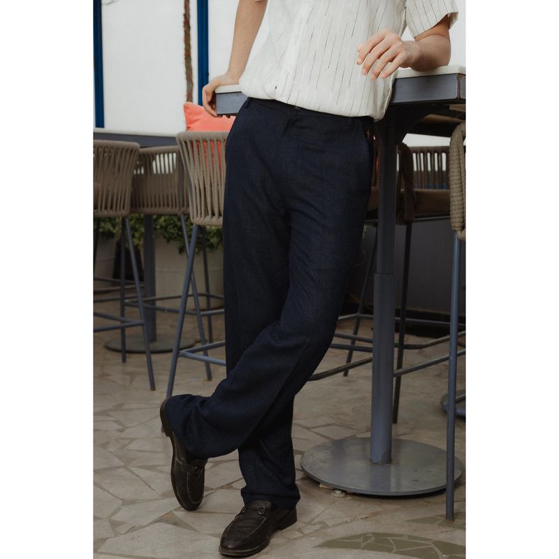 JAVINISHKA Navy Blue High Waist Korean Fit Linen Trosuer (32)