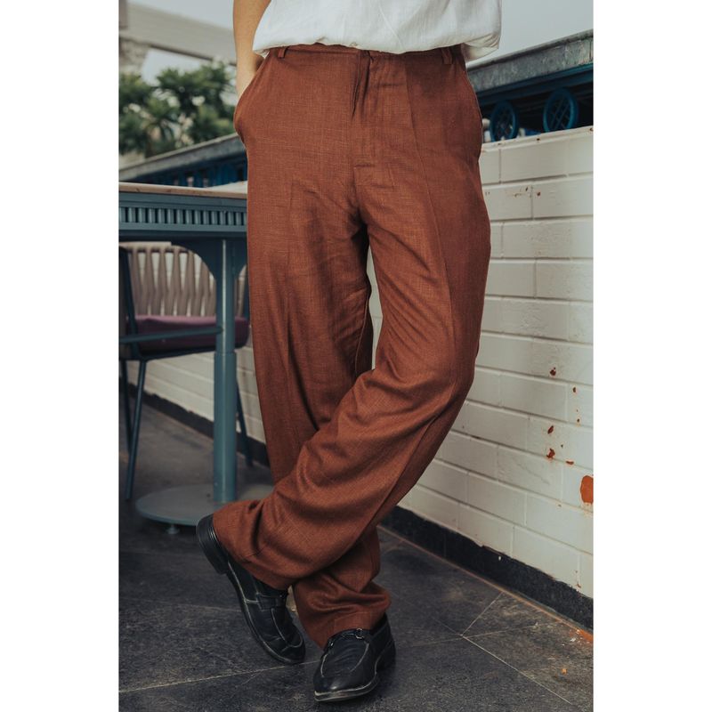 JAVINISHKA Chocolate Brown High Waist Korean Fit Linen Trouser (36)