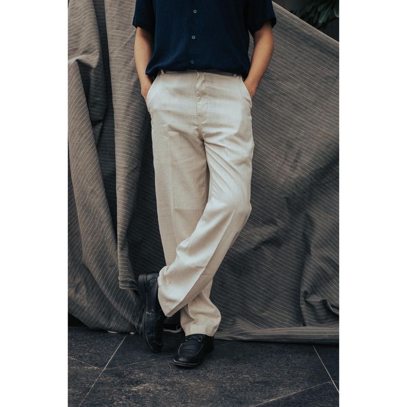 JAVINISHKA Off White Textured High Waist Korean Fit Linen Trouser (30)