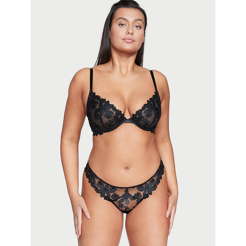 Victoria's Secret Women Black Very Sexy Embroidered Thong Panty (M)