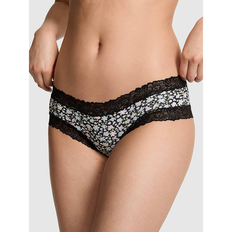Victoria's Secret Women Black Floral Printed Lace-Trim Cheeky Brief Panty (M)