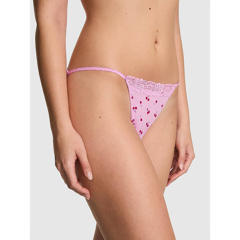 Victoria's Secret Women Pink Cotton Printed Lace-Trim String Bikini Panty (S)