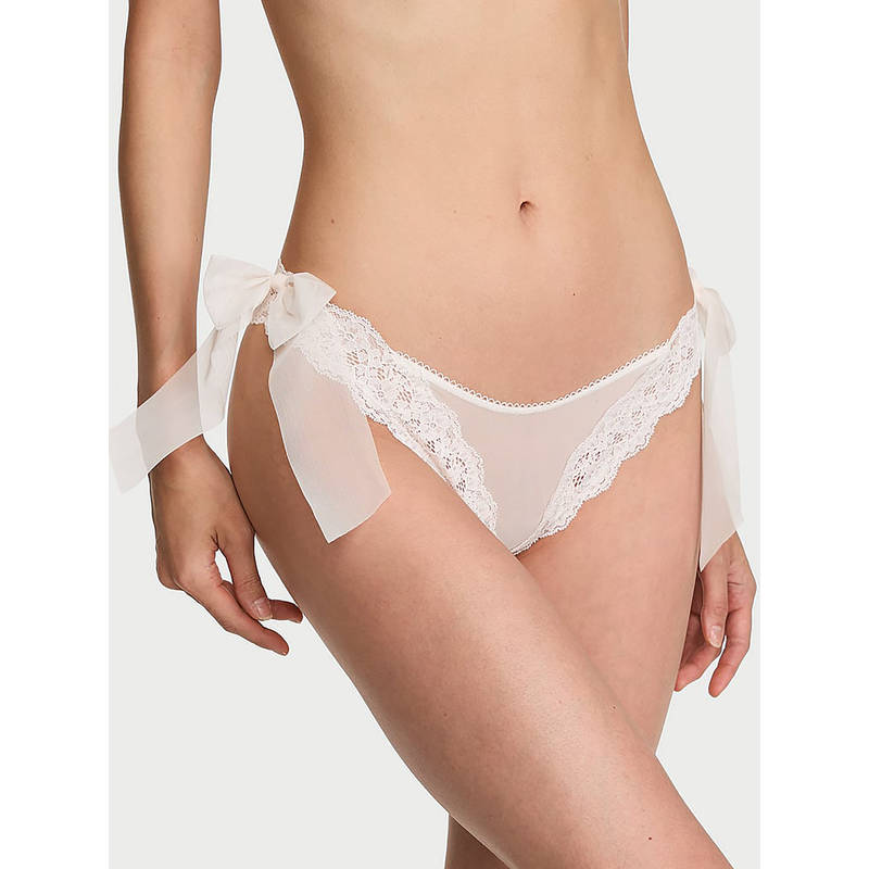 Victoria's Secret Women White Dream Angels Lace and Mesh Side-Bow Brazilian Thong Panty (XL)