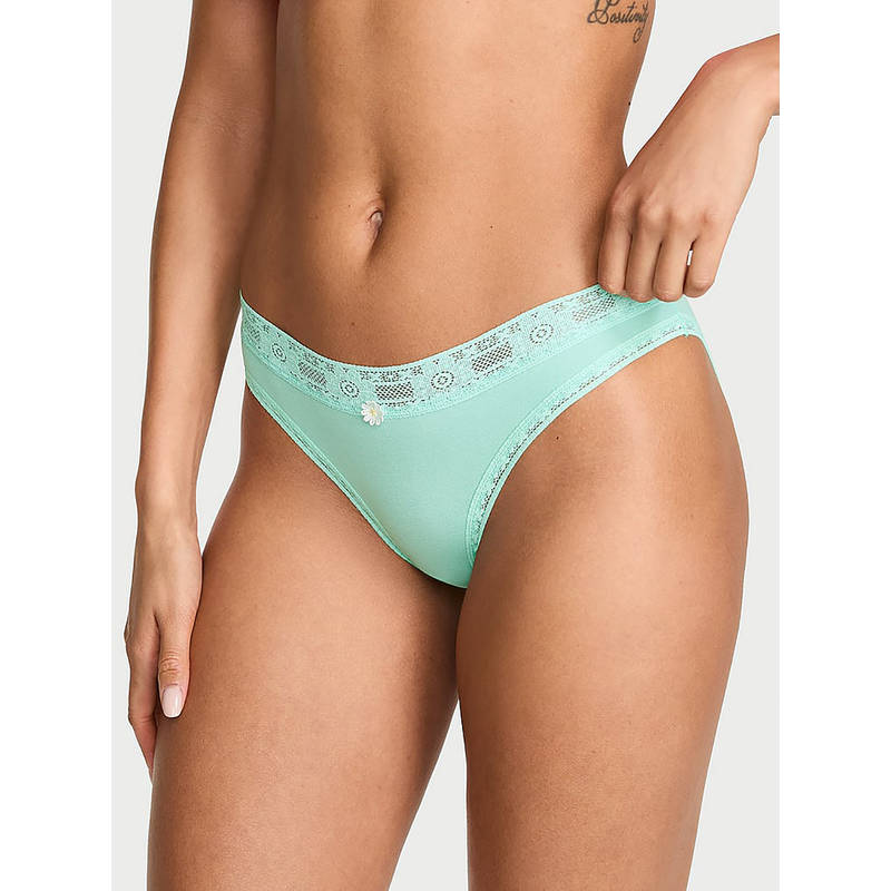 Victoria's Secret Women Green Lace Trim Cotton Bikini Panty (L)