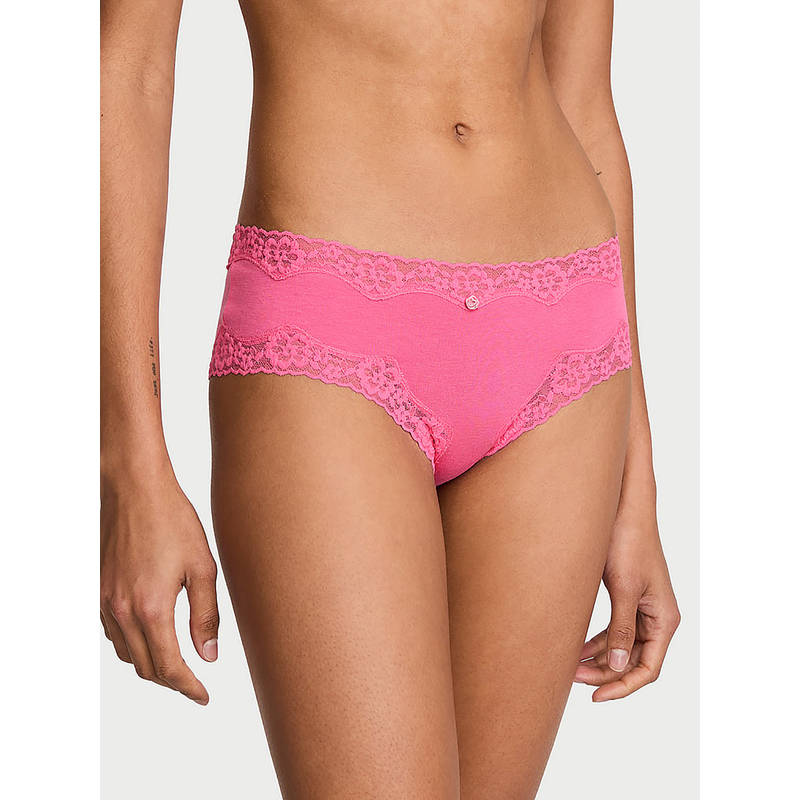 Victoria's Secret Women Pink Lace Trim Cotton Cheeky Brief Panty (XS)