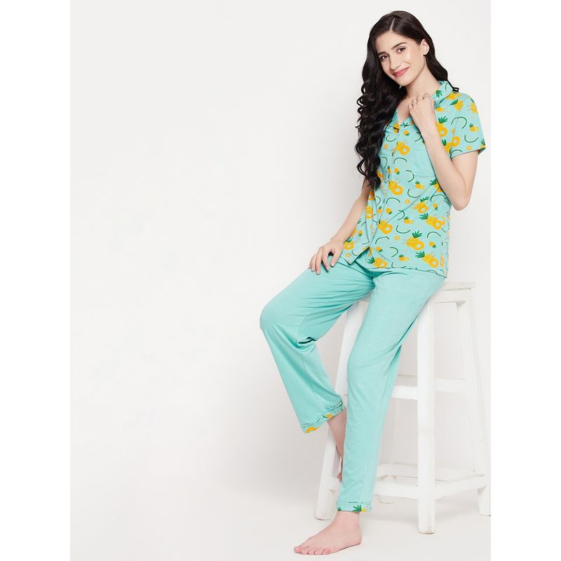 Clovia Pretty Florals Button Me Up Shirt & Pyjama Set (3XL)