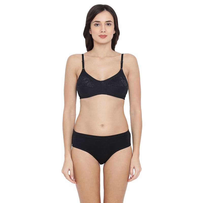 Clovia Cotton Rich Non-Padded Wirefree Full Cup Lacy Bra & Mid Waist Hipster Panty - Black (40B)