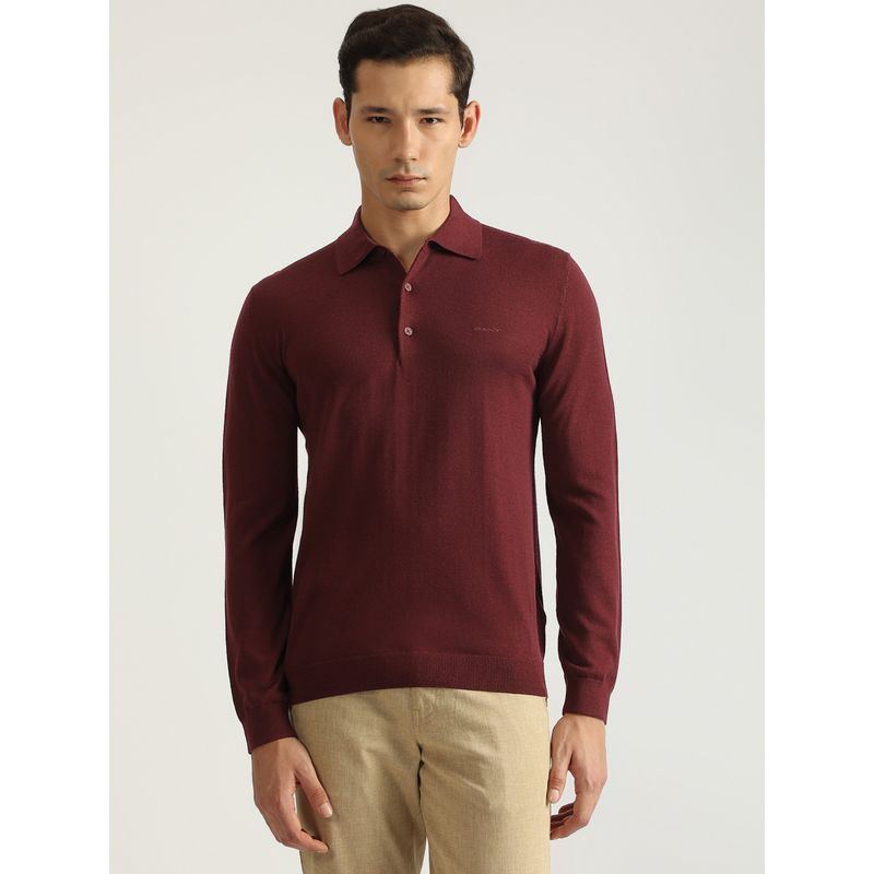 GANT Men Maroon Solid Collared Full Sleeves Pullover Style Sweater (L)
