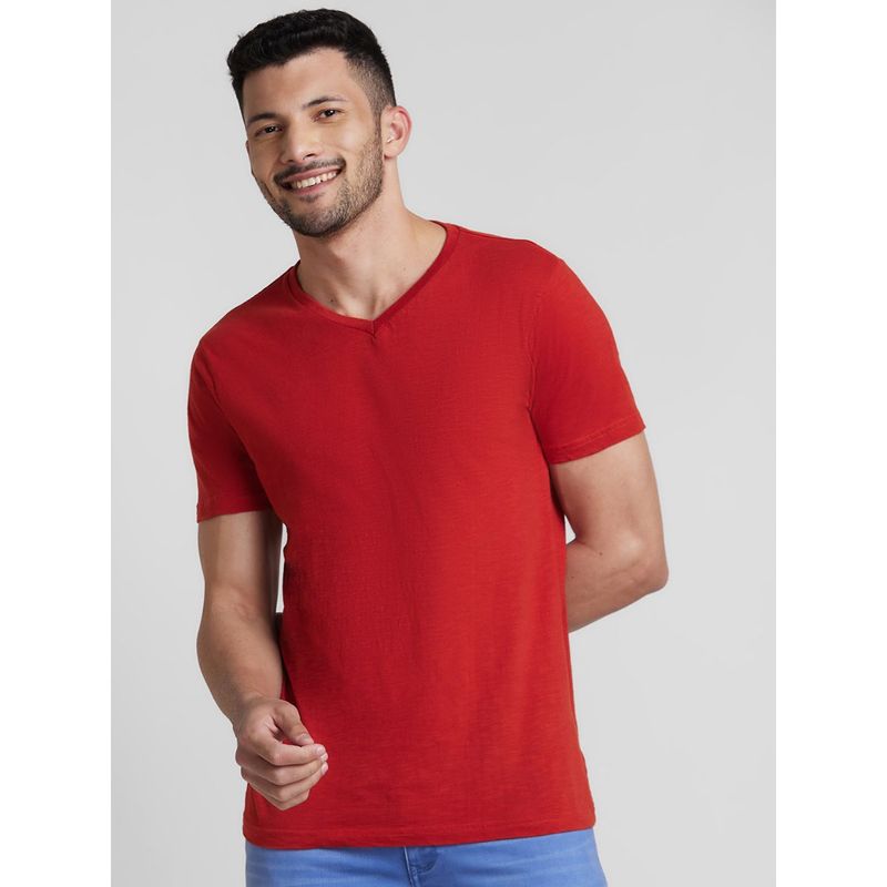 Globus Men Rust Solid V-Neck Cotton Regular Fit Casual T-Shirt (XL)