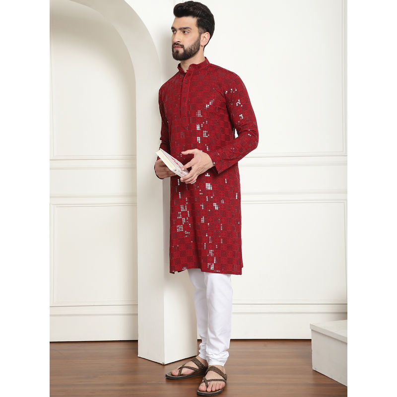 SOJANYA Men Cotton Embroidered Sequinned Maroon Kurta with Pyjama (Set of 2) (36)