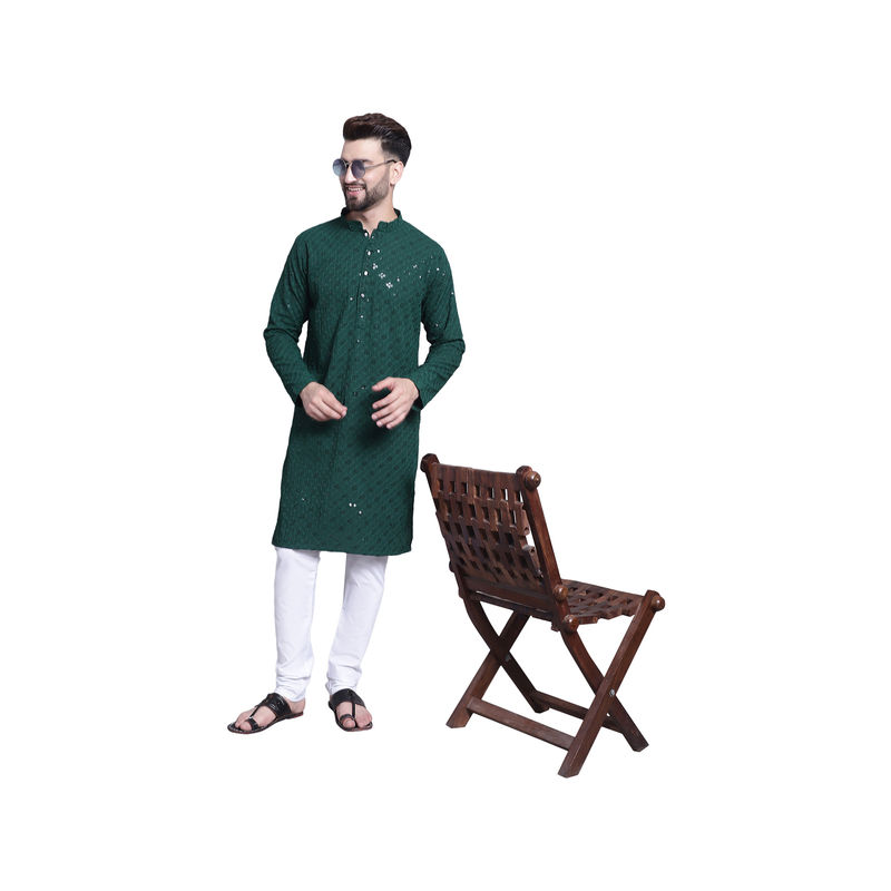 SOJANYA Men Pure Cotton Green Sequence Kurta and Pyjama (Set of 2) (38)