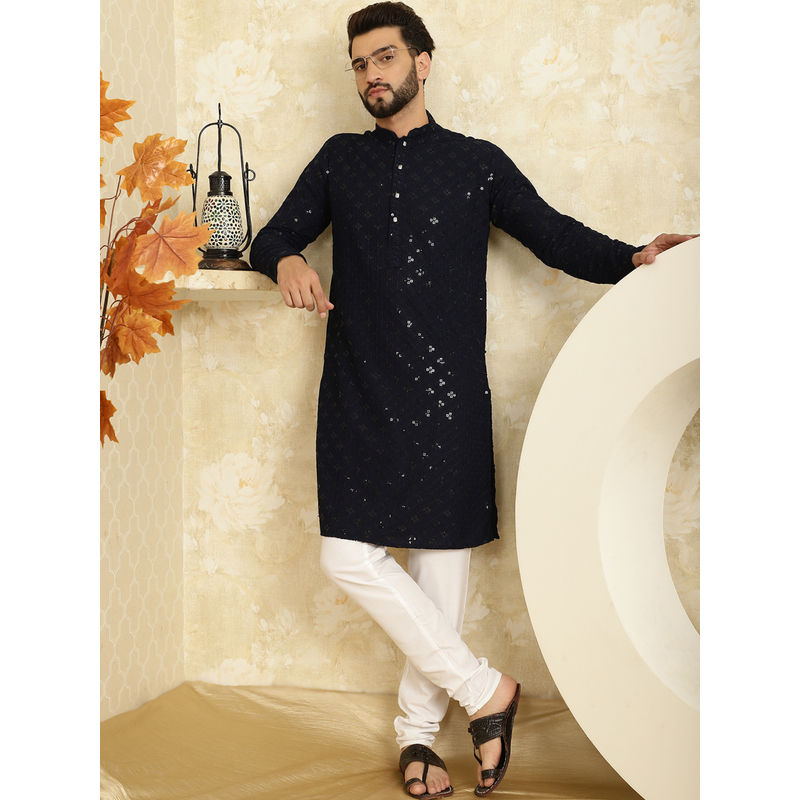 SOJANYA Men Pure Cotton Navy Blue Sequence Kurta and Pyjama (Set of 2) (38)